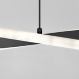 Minimalist close-up of a modern pendant light fixture with two intersecting, glowing horizontal bars suspended from a black cord against a plain, light gray background.
