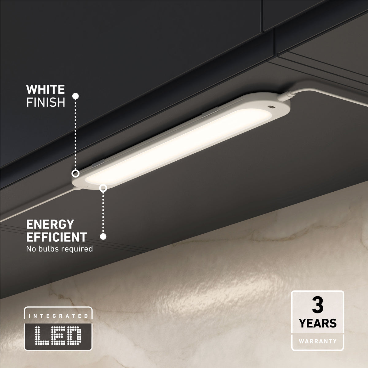 Artika Impulse RGB+CCT under-cabinet LED with remote, energy efficient, 3-year warranty, mounted under a dark cabinet.