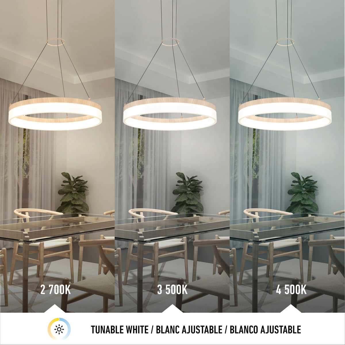 A modern dining room with a circular pendant light above a glass table is shown in three lighting tones: warm (2700K), neutral (3500K), and cool (4500K), illustrating tunable white lighting.