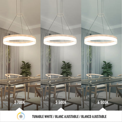 A modern dining room features Artika's Optical LED pendant light 3 CCT above a glass table, displayed in three color temperatures: warm white (2700K), neutral white (3500K), and cool white (4500K).