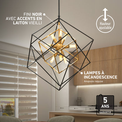Artika’s Imperium 9-light LED chandelier in black and brass accents shines above a modern kitchen, replacing incandescent bulbs.