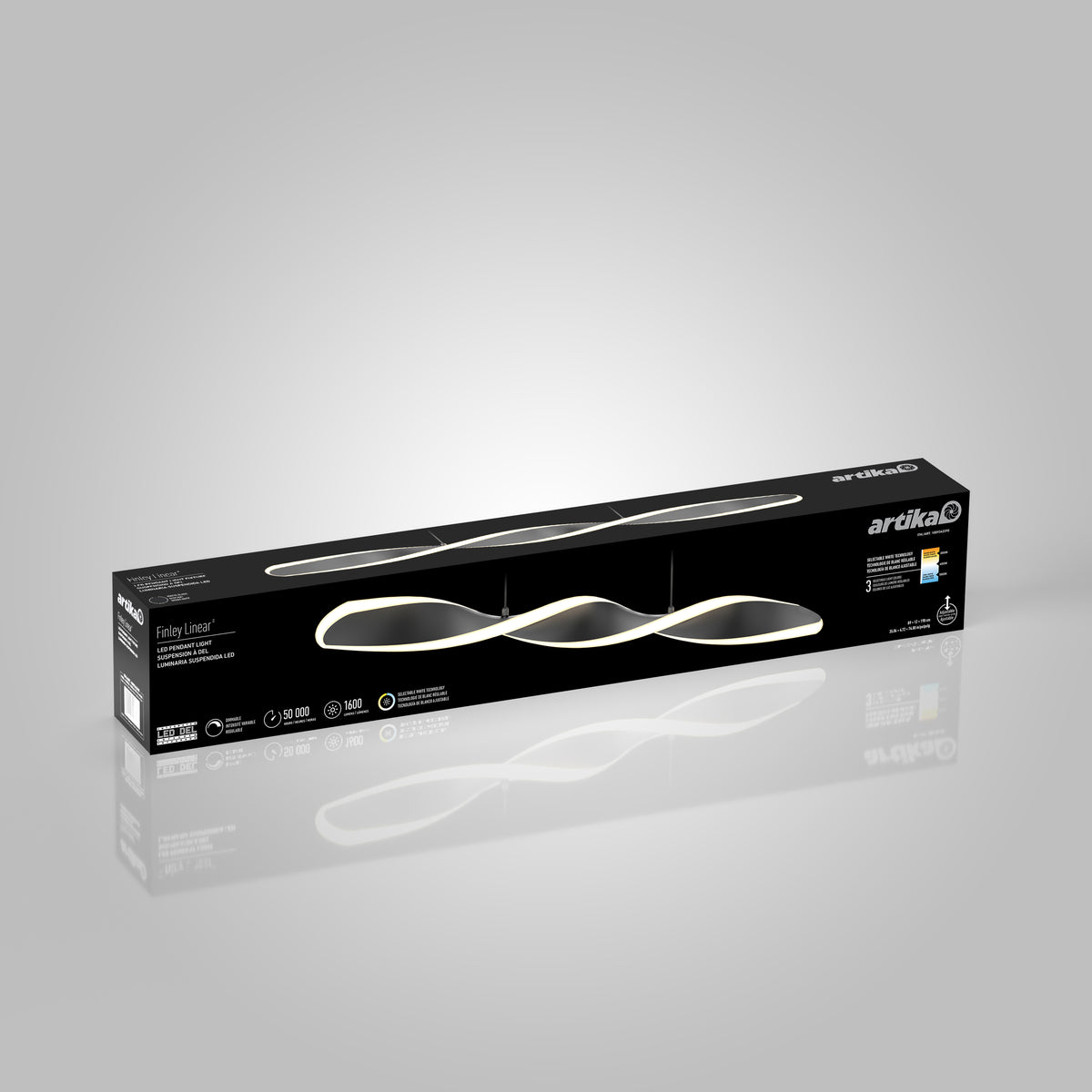 A rectangular black Artika box displays a modern, wave-shaped LED chandelier called Finity. The image shows the light fixtures design and energy efficiency icons on the packaging.