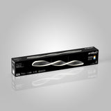 A rectangular black Artika box displays a modern, wave-shaped LED chandelier called Finity. The image shows the light fixtures design and energy efficiency icons on the packaging.