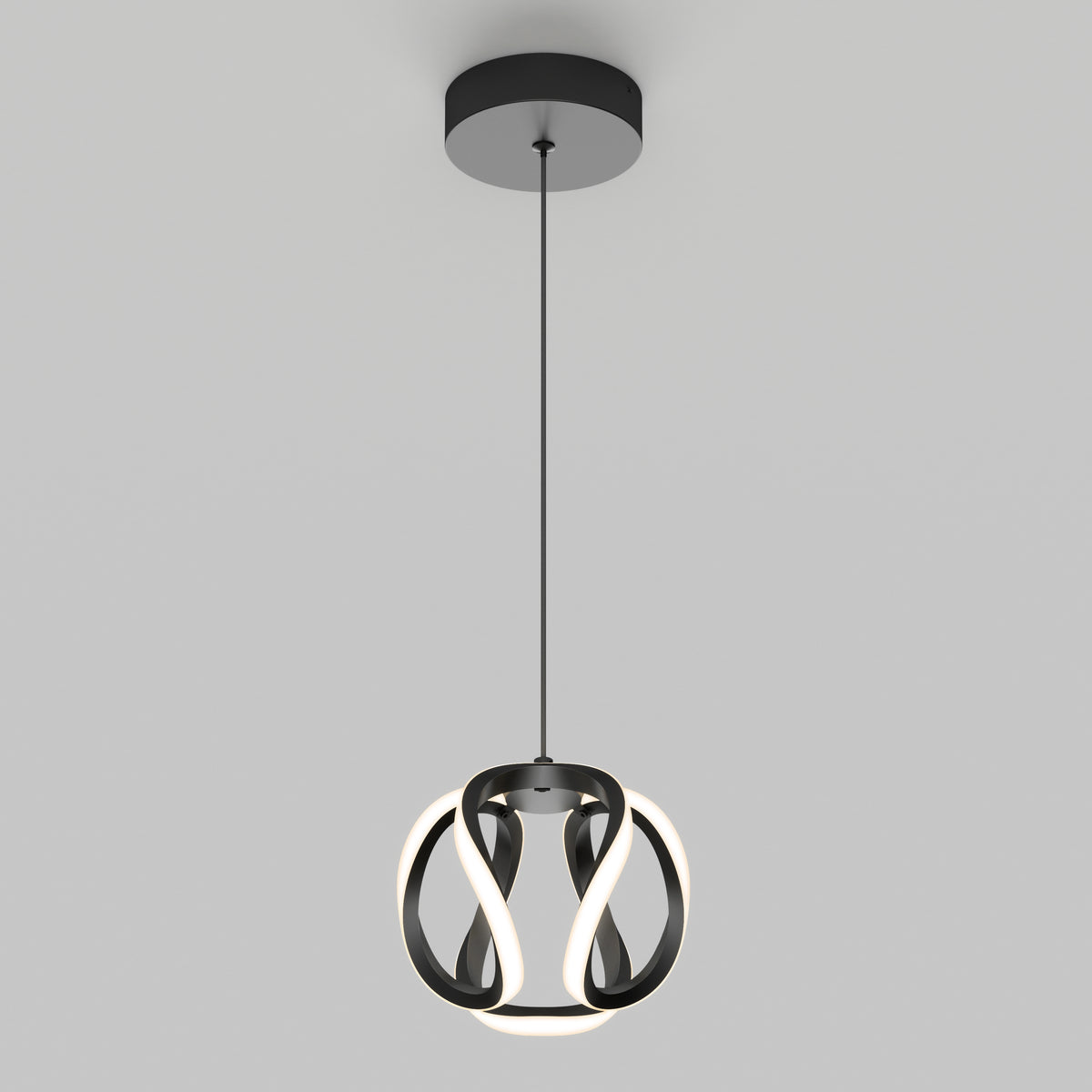 The Artika Vivaldi LED pendant light 3 CCT features a black circular ceiling mount and a twisted, ribbon-like LED fixture forming a spherical shape, suspended by a thin black cord against a light gray background.