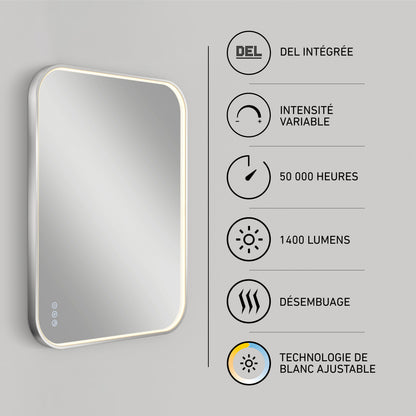 On the left: Artika Royce Dimmable LED Mirror (3 CCT, horizontal/vertical mount). On the right, icons and French text highlight features: integrated LED, dimmable, defogger, adjustable colour (3 CCT), 50,000 hrs, 1400 lumens.