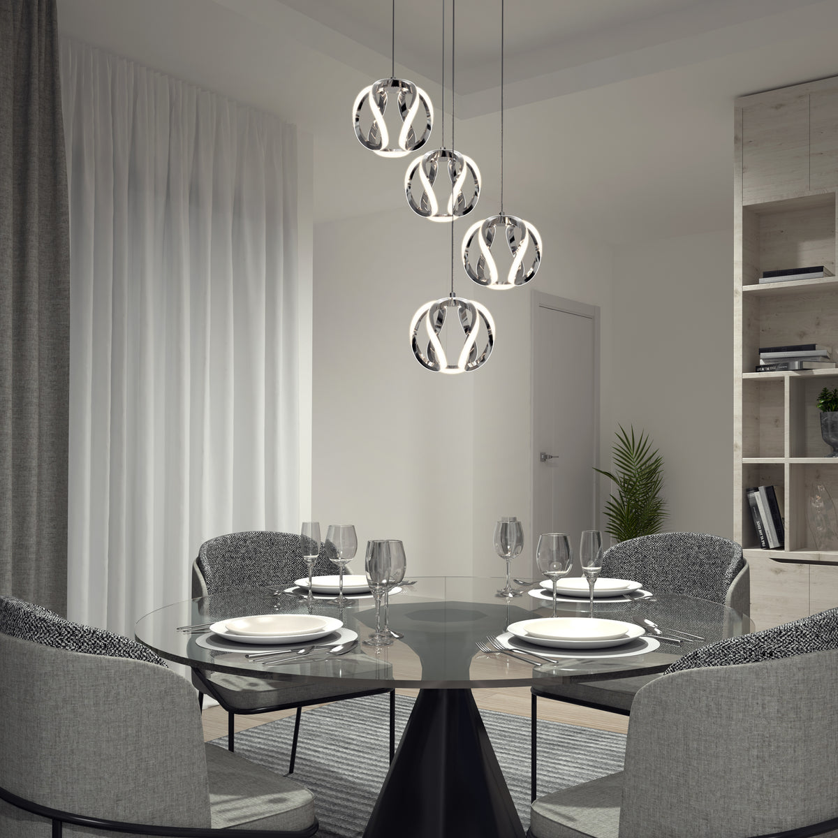 A modern dining room features a round glass table set for four with gray upholstered chairs. Overhead, the Artika Vivaldi LED 4-light pendant adds elegance, while sheer curtains and a plant complete the refined decor.