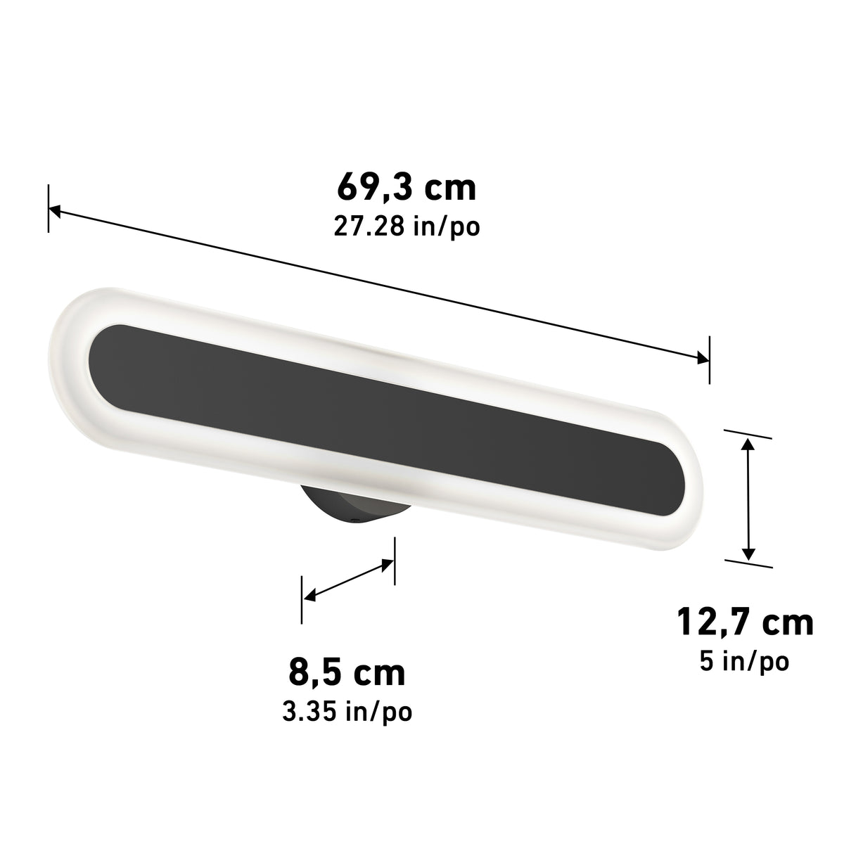 Rectangular wall-mounted light fixture with rounded edges, shown with measurements: 69.3 cm (27.28 in) wide, 12.7 cm (5 in) tall, and 8.5 cm (3.35 in) deep.