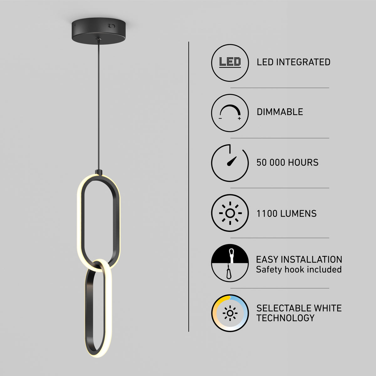 Modern pendant LED light fixture with an oval loop design, shown with icons and text highlighting features: LED integrated, dimmable, 50,000 hours lifespan, 1100 lumens, easy installation, and selectable white technology.