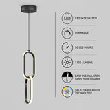 Modern pendant LED light fixture with an oval loop design, shown with icons and text highlighting features: LED integrated, dimmable, 50,000 hours lifespan, 1100 lumens, easy installation, and selectable white technology.