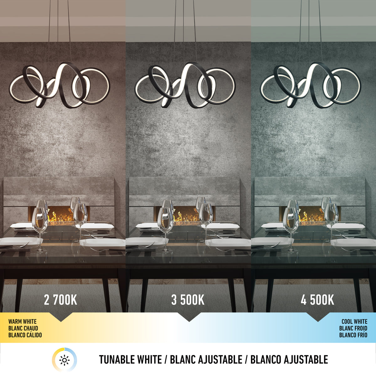 A modern dining room features the Swirl Ribbon LED pendant light by Artika, shown in matte black under warm (2700K), neutral (3500K), and cool white (4500K) lighting, showcasing how this unique chandelier transforms the room.