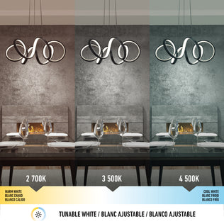 A modern dining room features the Swirl Ribbon LED pendant light by Artika, shown in matte black under warm (2700K), neutral (3500K), and cool white (4500K) lighting, showcasing how this unique chandelier transforms the room.