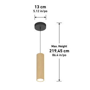 The Artika Groove LED modern pendant light features a black ceiling mount and a beige ribbed cylindrical shade (13 cm/5.12 in tall), with max hanging height of 219.45 cm (86.4 in)—perfect for kitchen island lighting and has 3 CCT options.
