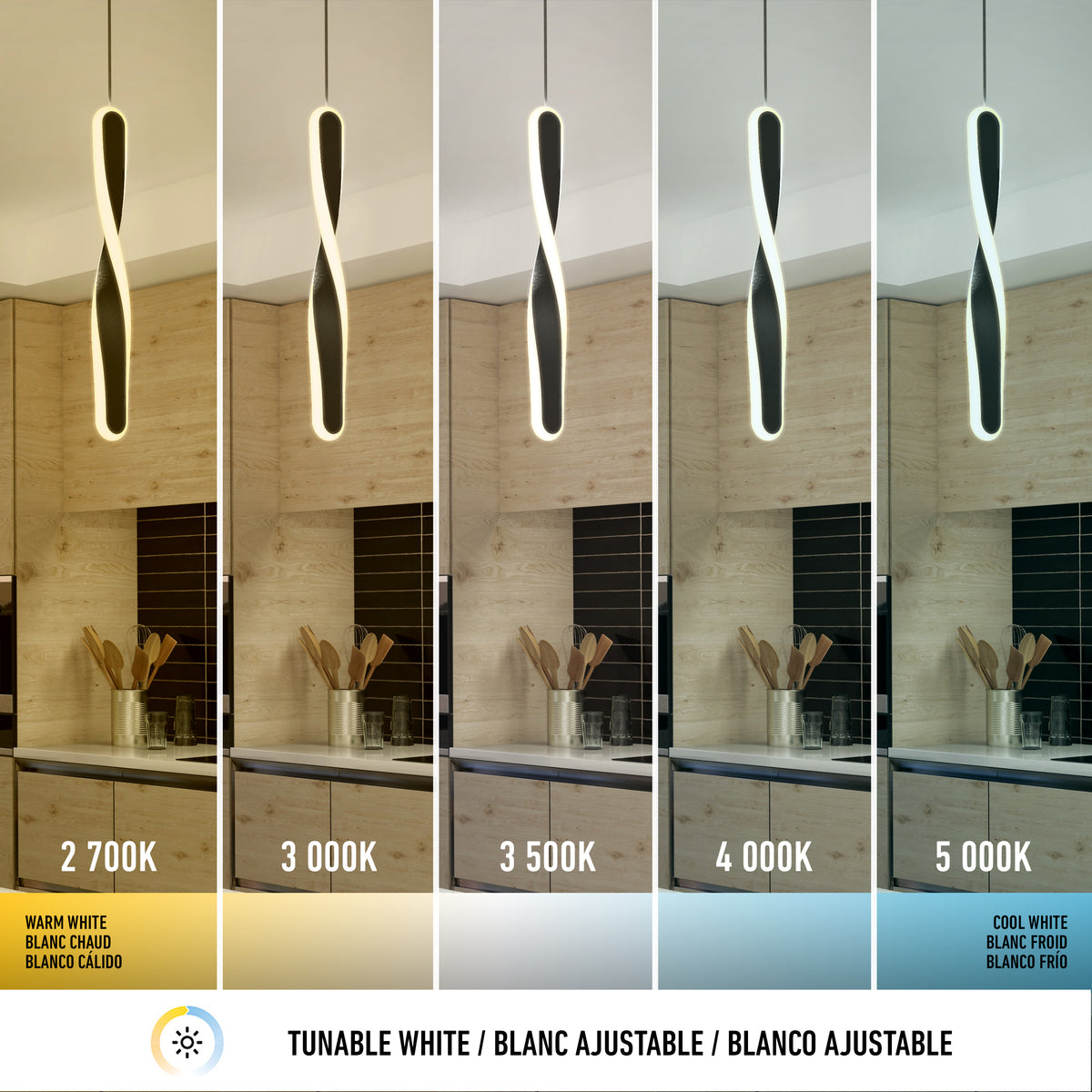 Five side-by-side images show a modern pendant light above a kitchen counter, each with different white light temperatures: 2700K (warm), 3000K, 3500K, 4000K, and 5000K (cool), demonstrating tunable white lighting.