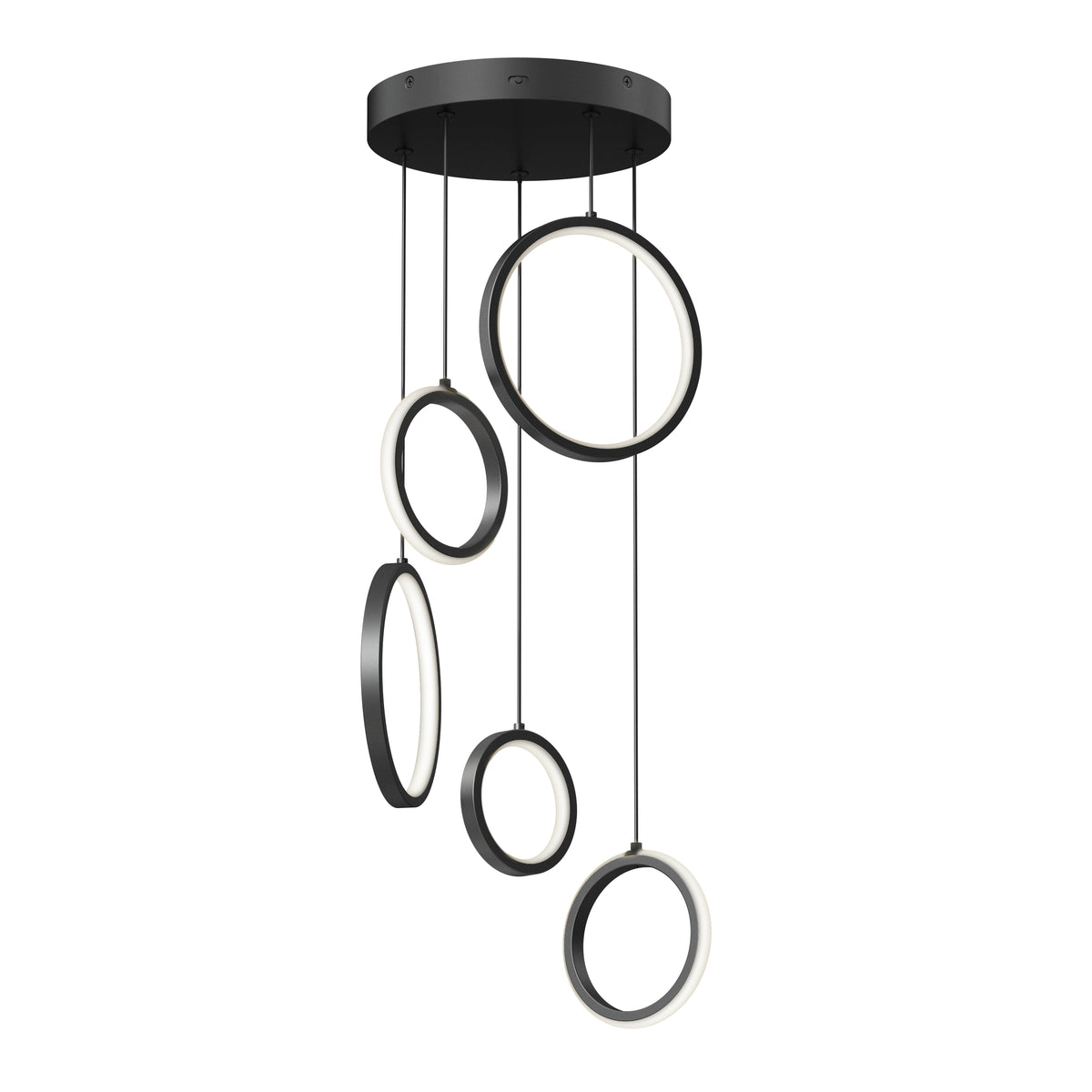 A modern black ceiling light fixture features five hanging rings at varying heights, each ring illuminated on the inner edge, suspended from a round ceiling mount by thin black wires.