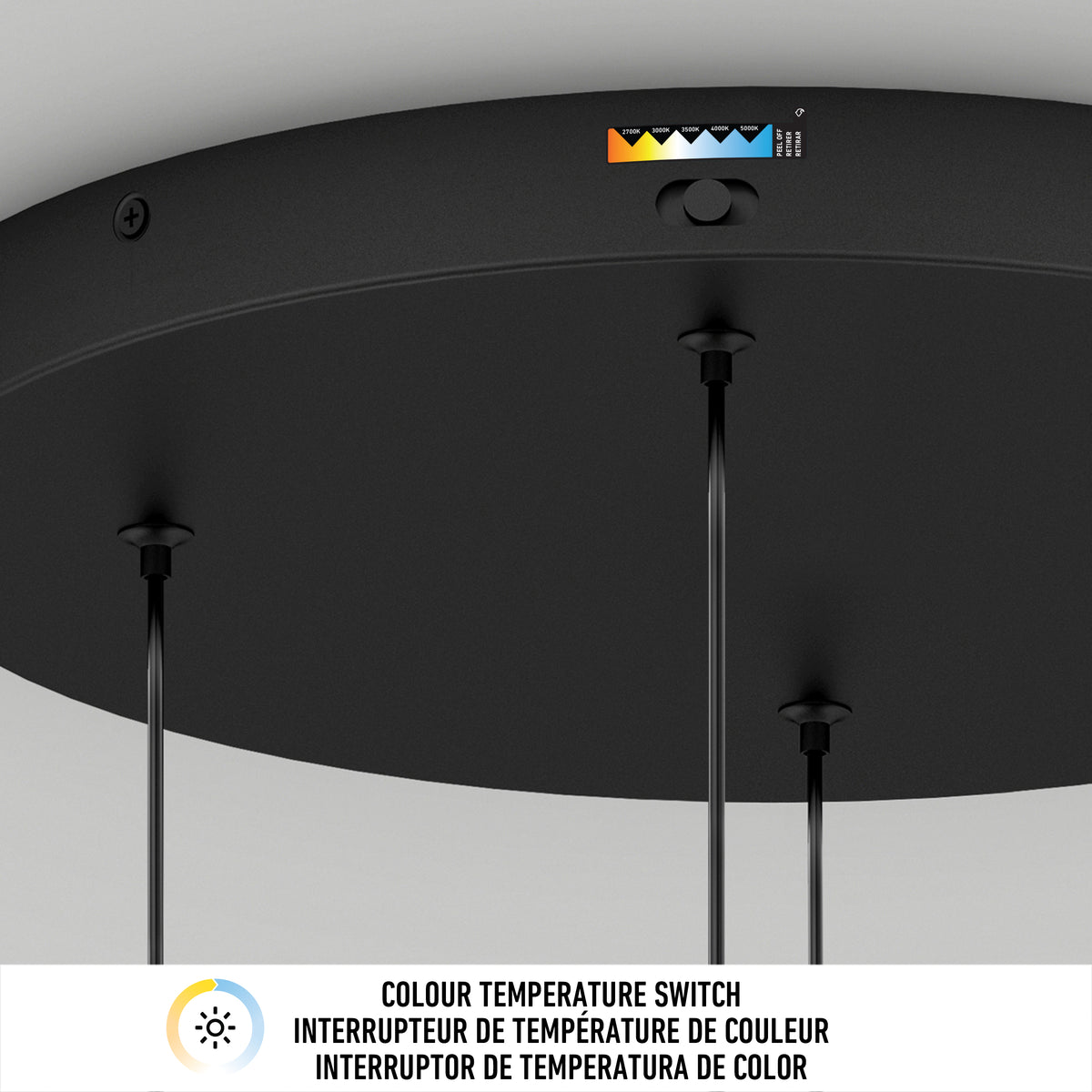 A close-up of the Artika Chorus 4 light LED pendant 5 CCT shows three hanging cords and a color temperature switch labeled from yellow to blue, displaying adjustment options. Below, text in three languages explains the color temperature switch.