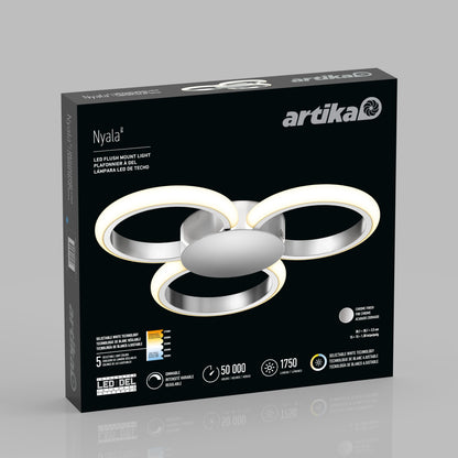 A box for the Artika Nyala 15 in. LED flush mount light 5CCT displays the modern circular fixture's four illuminated rings, with packaging highlighting a 50,000-hour lifespan and 1750 lumens.