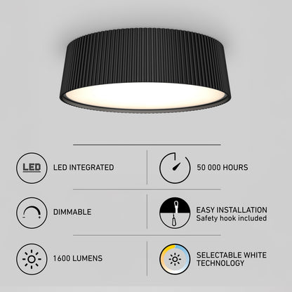 Round black Artika Groove 13 in. Modern LED Flush Mount Ceiling Light, 1600 lumens, selectable CCT, dimmable, easy install, 50,000-hour lifespan.