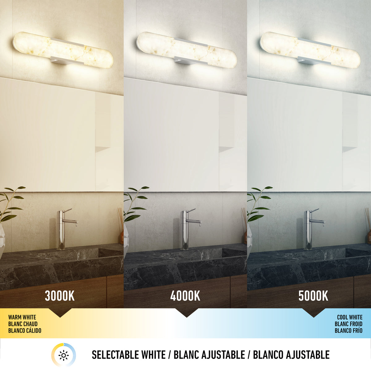 A bathroom vanity light above a mirror is shown in three color temperatures: warm white (3000K), neutral white (4000K), and cool white (5000K). Labels indicate selectable white options in English, French, and Spanish.
