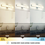 A bathroom vanity light above a mirror is shown in three color temperatures: warm white (3000K), neutral white (4000K), and cool white (5000K). Labels indicate selectable white options in English, French, and Spanish.