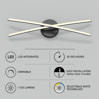 The Artika Orly modern LED bathroom vanity light 3 CCT features two crossed LED bars, selectable white technology, 1100 lumens, dimmable settings, easy installation, and a 50,000-hour lifespan—ideal for modern decor or mirror lighting.