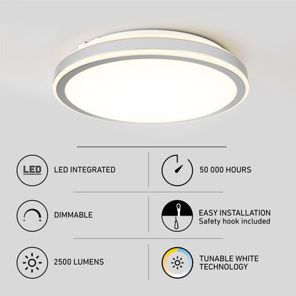 The Artika Altitude 15 in. LED modern flush mount light features integrated LEDs, dimming, 2500 lumens, 50,000-hour lifespan, easy install with safety hook, adjustable color temperature (5 CCT), and tunable white technology.