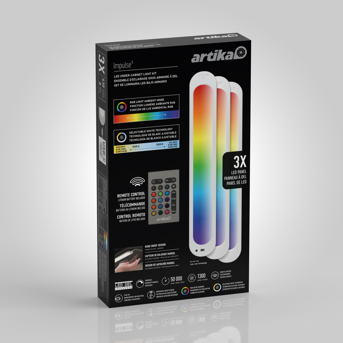 Artika Impulse Under-Cabinet LED Light RGB+CCT box with three panels, remote, specs, and color options shown on a white background.
