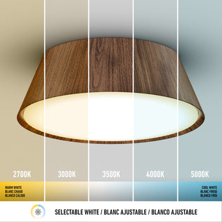 The Artika Dunham 15 in. LED flush mount offers 5 selectable color temps (2700K–5000K) and features a walnut finish.