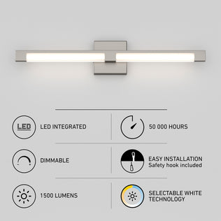 The Artika Tivoli modern LED bathroom vanity light 5 CCT features integrated dimmable LEDs (with LED dimmer), 1500 lumens, 50,000-hour lifespan, selectable white technology, and easy installation with a safety hook.