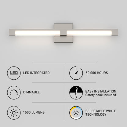 The Artika Tivoli modern LED bathroom vanity light 5 CCT features integrated dimmable LEDs (with LED dimmer), 1500 lumens, 50,000-hour lifespan, selectable white technology, and easy installation with a safety hook.