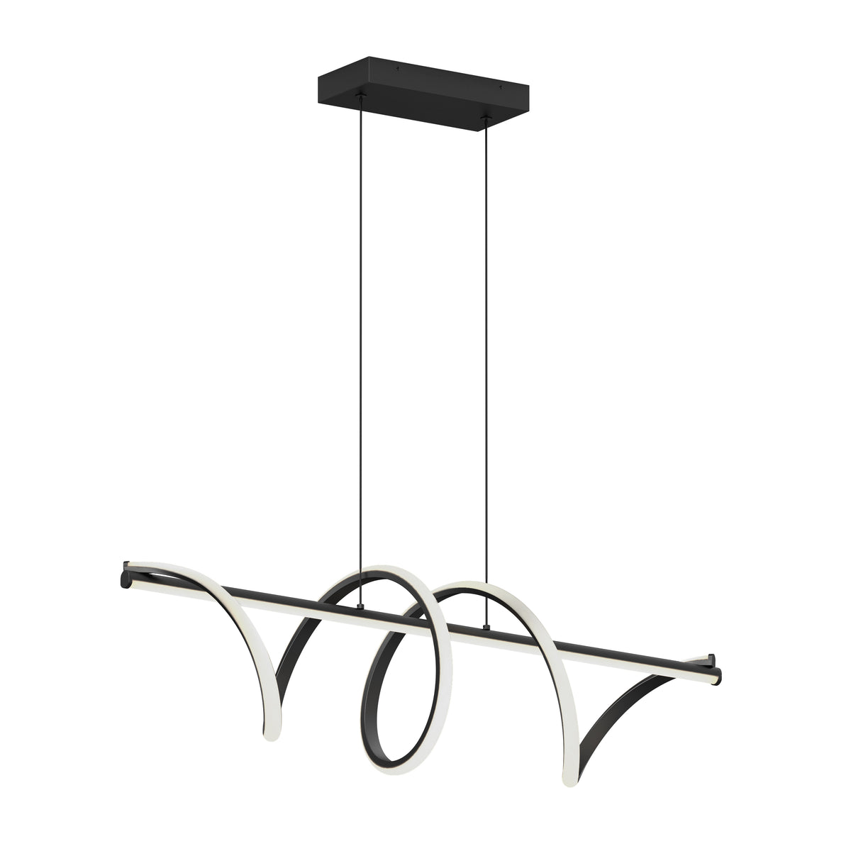 A modern black and white pendant light fixture with curved, looped LED bars hanging from a rectangular black ceiling mount by two thin cords.