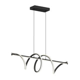 A modern black and white pendant light fixture with curved, looped LED bars hanging from a rectangular black ceiling mount by two thin cords.