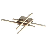 Modern ceiling light fixture with four long, intersecting LED bars in a brushed metal finish, mounted on a square base. The design features clean lines and a contemporary, geometric style.