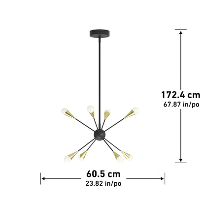 The Artika Wayden modern LED pendant light 3 CCT is a black ceiling-mounted fixture with gold accents and six arms. Height: 172.4 cm (67.87 in), width: 60.5 cm (23.82 in). Measurements shown with arrows.
