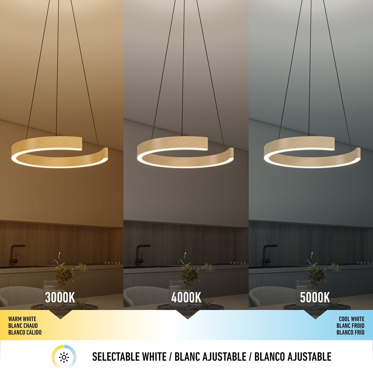 The Vance modern LED pendant light 3 CCT by Artika-CAN-dev is shown over a kitchen in warm (3000K), neutral (4000K), and cool white (5000K). Below, an icon highlights its flexible lighting selection.