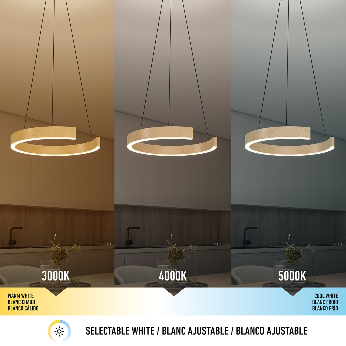 Three side-by-side images show the Artika Vance modern LED pendant light 3 CCT above a dining table, illustrating its three color temperatures: warm white (3000K), neutral white (4000K), and cool white (5000K).