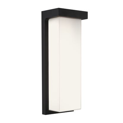 A modern rectangular wall sconce with a black frame and a frosted white panel, designed for indoor or outdoor lighting.