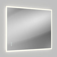 The Artika Mavis 48" x 36" Rectangular LED Mirror with 3CCT and Defogger is mounted on a light gray wall. Three small touch control icons are visible in the lower left corner of its glowing LED border.