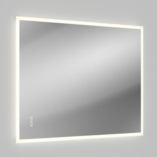 The Artika Mavis 48" x 36" Rectangular LED Mirror with 3CCT and Defogger is mounted on a light gray wall. Three small touch control icons are visible in the lower left corner of its glowing LED border.