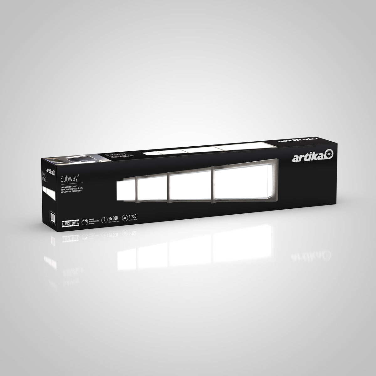 A rectangular black box for the Artika Subway 35-in (89 cm) Integrated LED Vanity Light Bar for Bathroom displays an image of the modern fixture on the front with product details and Artika branding.