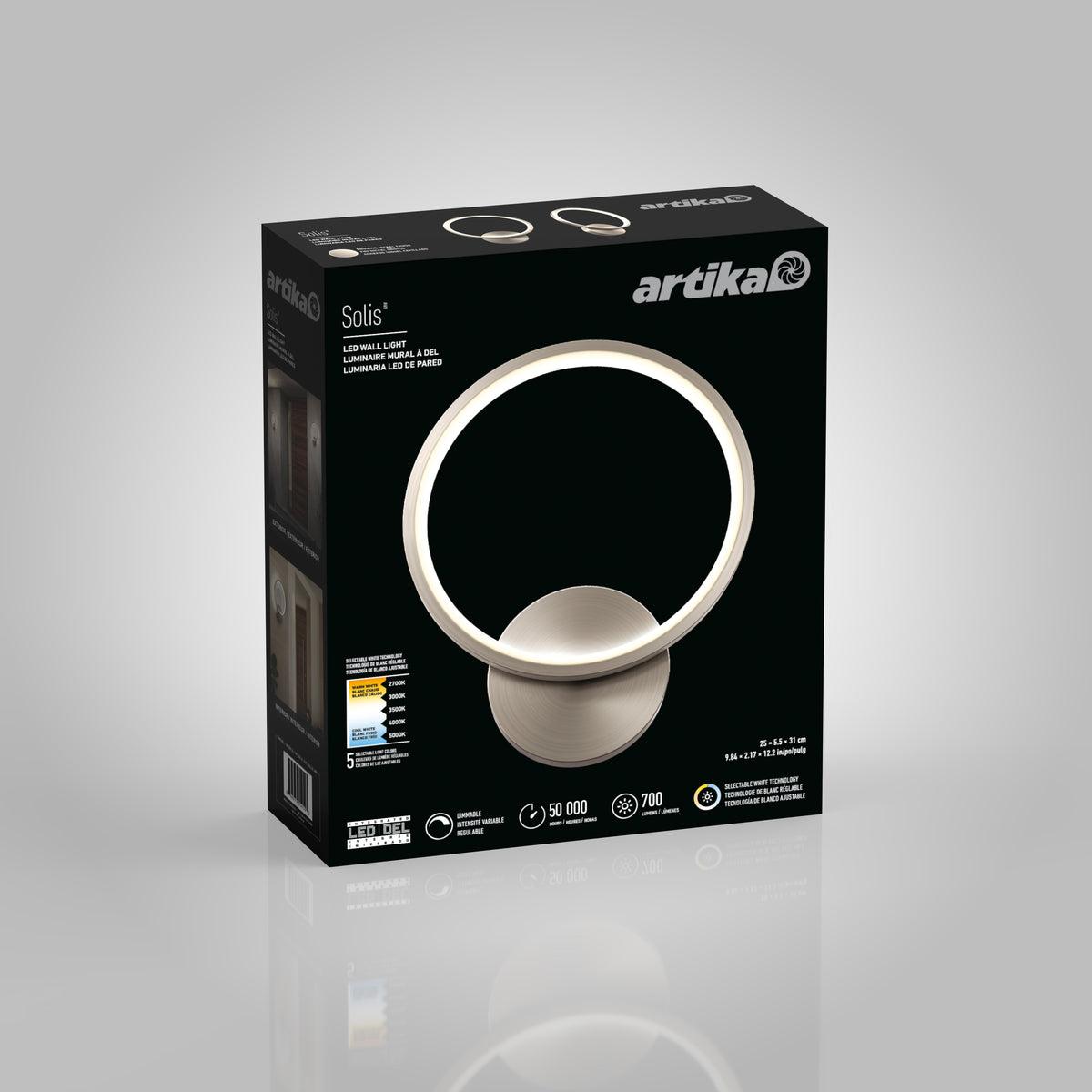 Box of Artika Solis modern LED indoor-outdoor wall light 5 CCT, featuring contemporary design. The black packaging highlights images and details on brightness, energy efficiency, and lifespan.