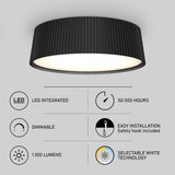 Black, round ceiling light with ribbed sides, emitting white light. Infographic highlights: LED integrated, 50,000 hours lifespan, dimmable, 1300 lumens, easy installation with safety hook, and selectable white technology.