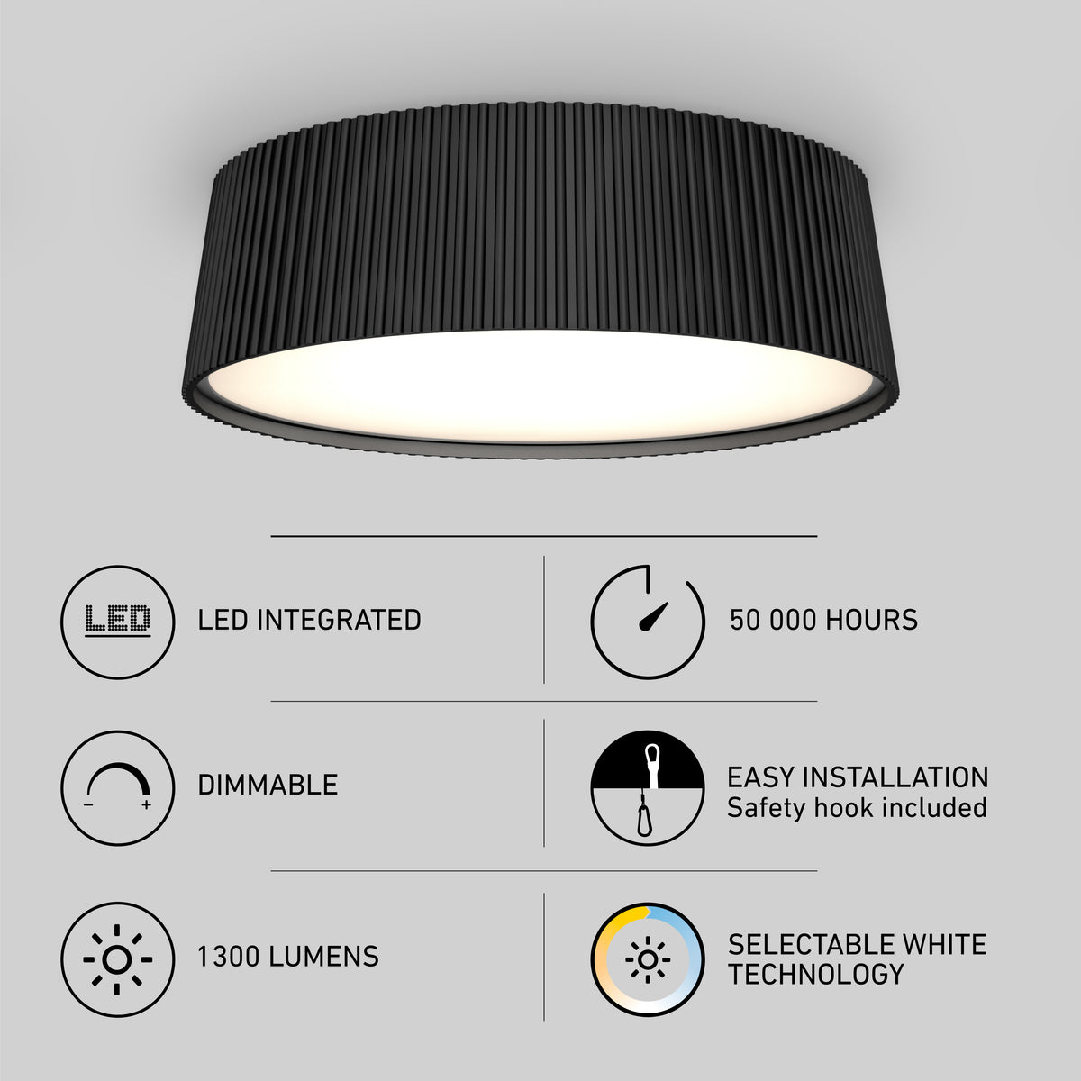 The Artika Groove 13 in. LED modern flush mount light features a black ribbed design, selectable white technology (5 CCT), 1300 lumens, integrated LED with 50,000-hour lifespan, dimming capability, and easy installation.