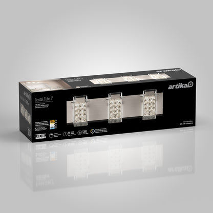 A rectangular Artika Crystal Cube 3 light fixture box featuring an image of the fixture with three crystal cube lights on a sleek metallic bar, product details, and branding on a white background.