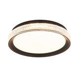 A round, modern ceiling light fixture with a dark outer rim and a band of textured, translucent material around the edge, emitting a soft, even glow.