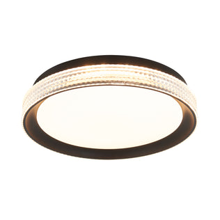 The Artika Aston 15 in. LED modern flush mount light features a black rim, a clear textured decorative band, and emits a soft, even glow. Selectable with 5 CCT settings for customized illumination.