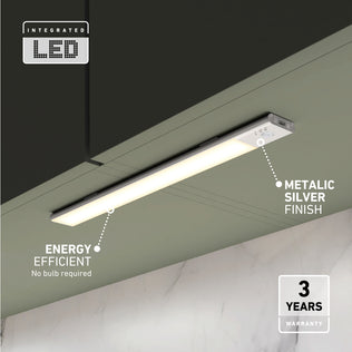 Artika’s Outline under cabinet LED light 3CCT, featuring a slim metallic silver design, mounts under dark cabinets. Energy efficient and bulb-free, it includes a 3-year warranty.