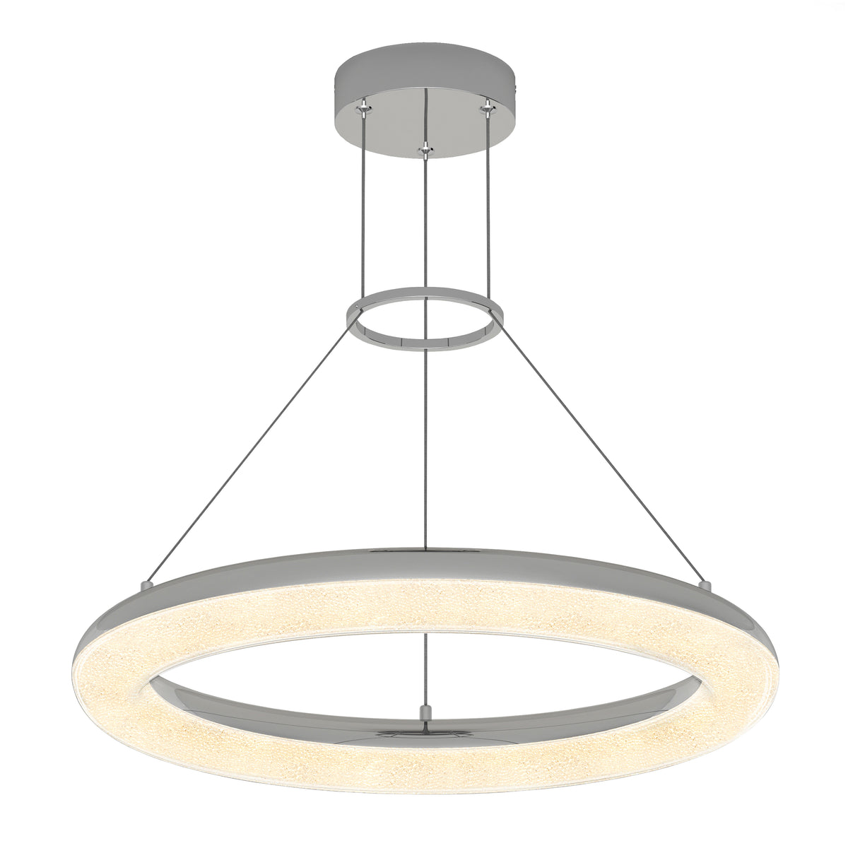 The Artika Famous Optical LED pendant light 5 CCT features a frosted illuminated ring suspended by four slim cables from a round ceiling mount, offering a sleek and contemporary look.