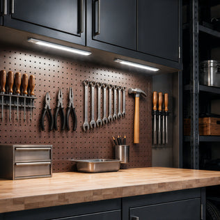 Two Artika Outline under cabinet LED light 3CCT panels mounted under cabinets, illuminating a workbench with tools hanging on a pegboard.