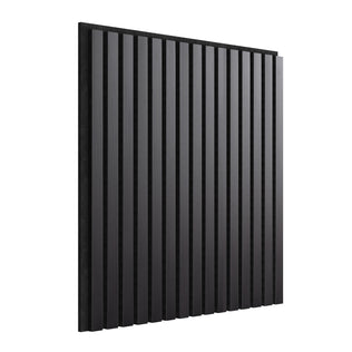 The Artika Sonolok 15.5 ft sound-absorbing wall panel kit features a black, rectangular design with evenly spaced vertical slats, offering a sleek, minimalist look against a white background.