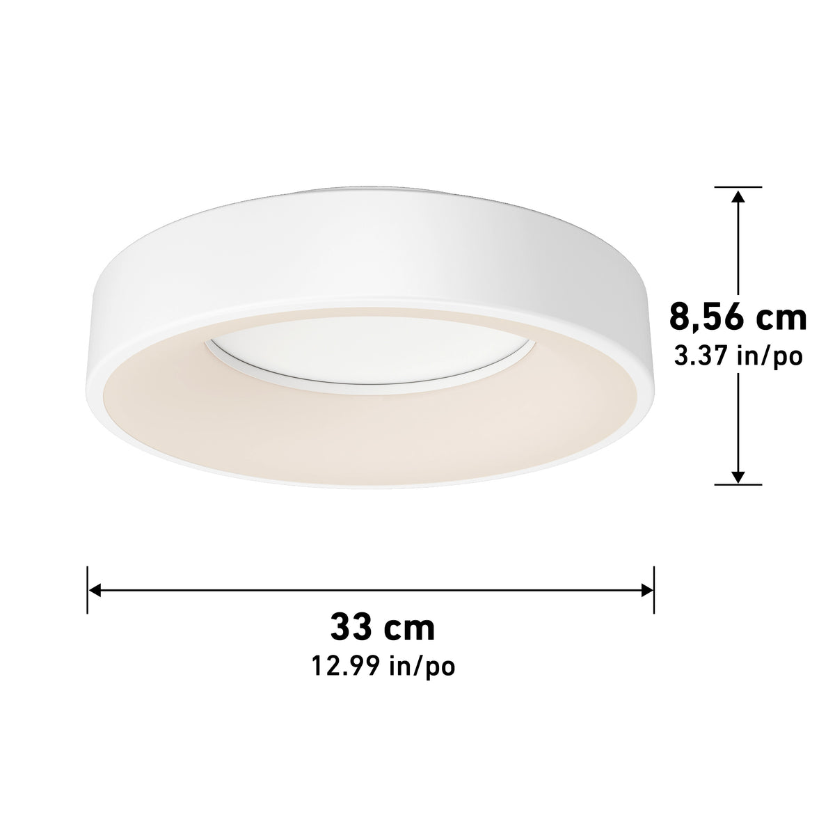 The Artika Aiden LED flush mount is a round, white ceiling light measuring 8.56 cm (3.37 in) high and 33 cm (12.99 in) wide.